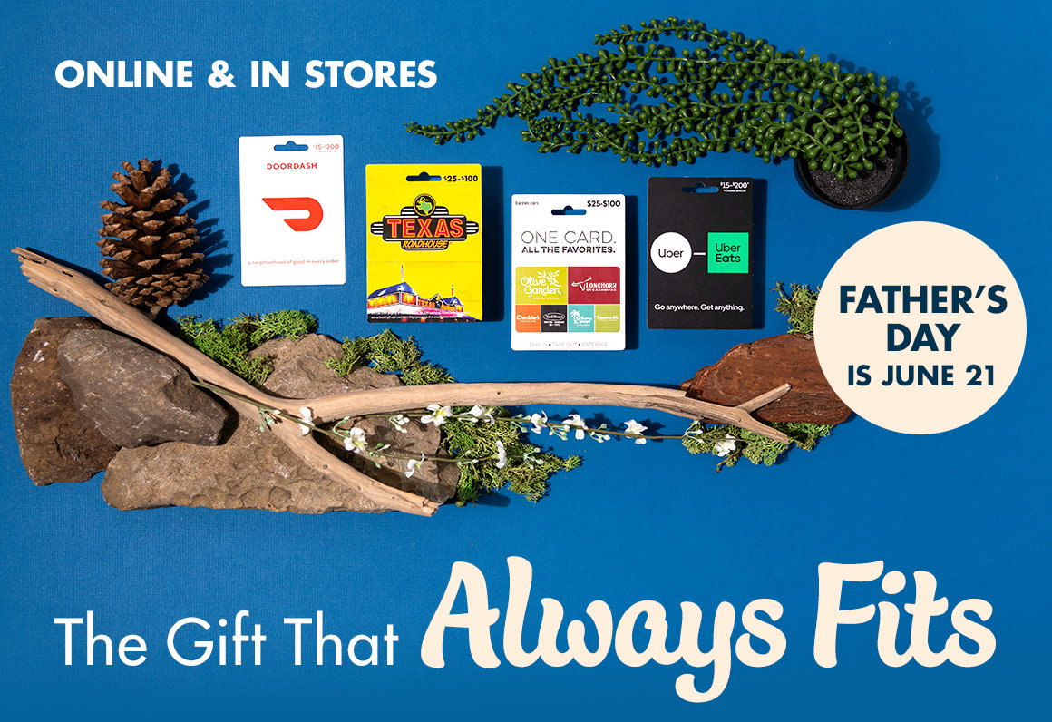 The Gift That Always Fits, Father's Day is June 21, and various gift cards on a blue background