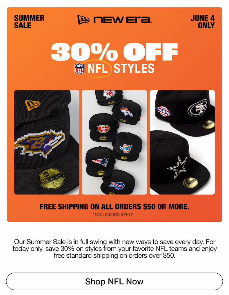 Summer Sale. June 4 Only. 30% Off NFL Styles. Shop NFL Now.