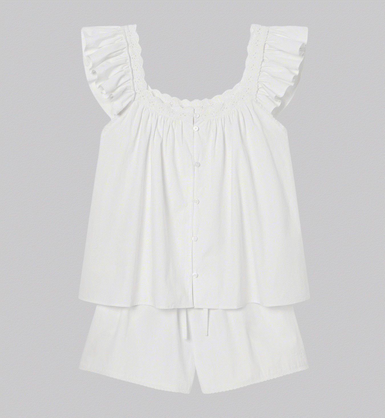 White Embroidered Cotton Frill Cami Shorts Set