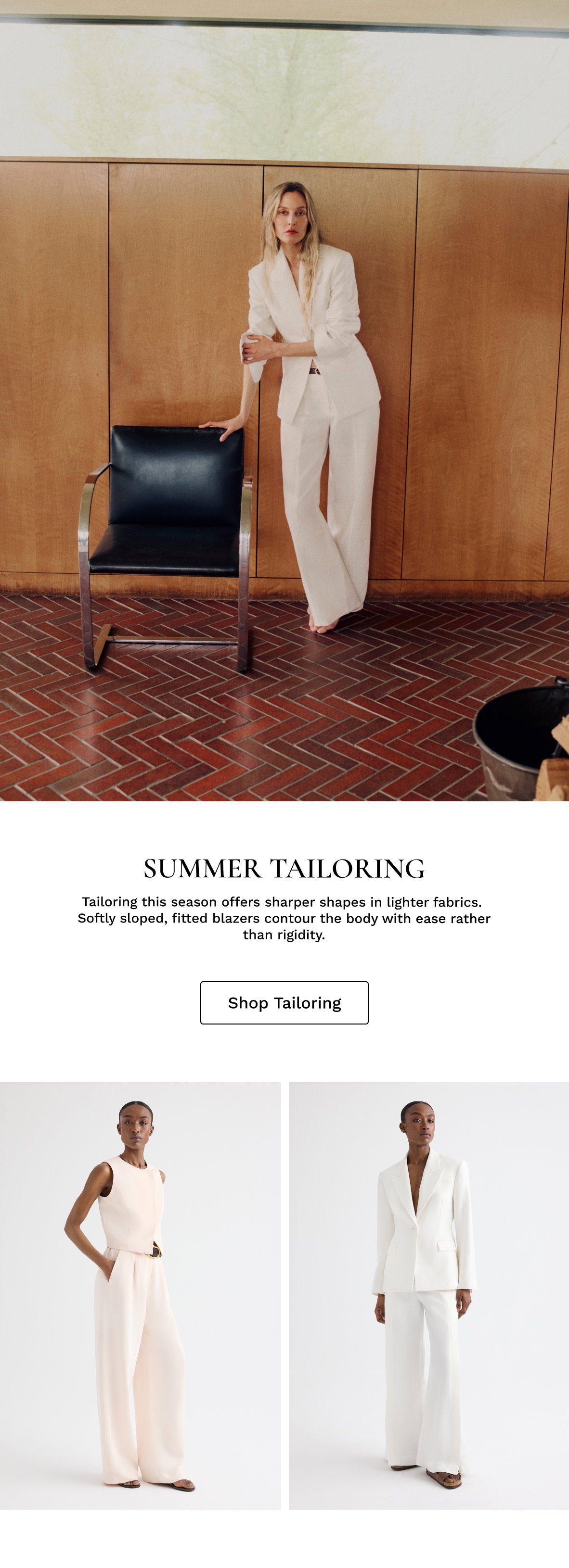 Image of a model in a white outfit with black text beneath and two images of models in suits beneath that.