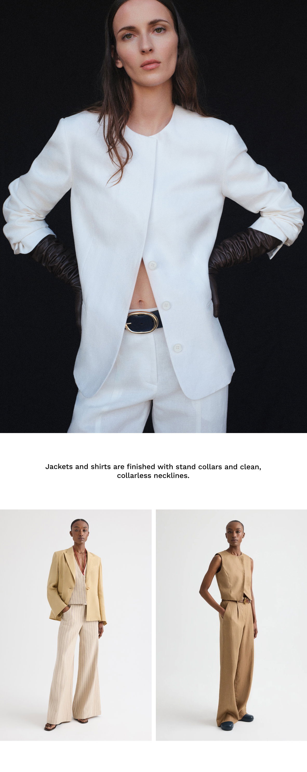 Image of a model in a white blazer followed by black text and images of two models in suiting.