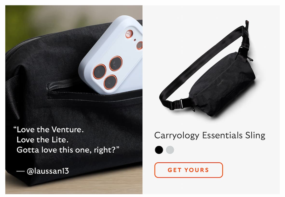 [Product name] Carryology Essentials Sling CTA Get yours [Quote] “Love the Venture. Love the Lite. Gotta love this one, right?” [Attribution] @laussan13