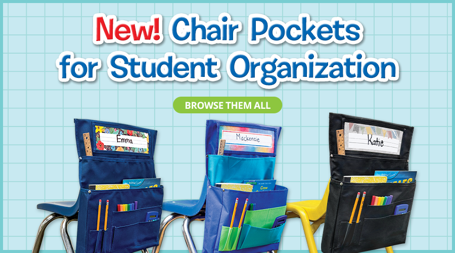 image shows a light blue background with darker blue grid lines, and 3 images of chair pockets in navy blue, black, and blue, teal, and lime green. Text overlay reads: New! Chair Pockets for Student Organization