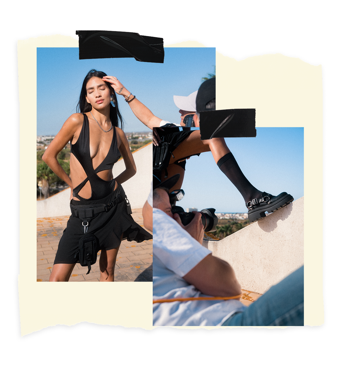 Black summer outfit with cut-out bodysuit and utility mini skirt, styled with chunky shoes and knee-high socks in an outdoor shoot setting