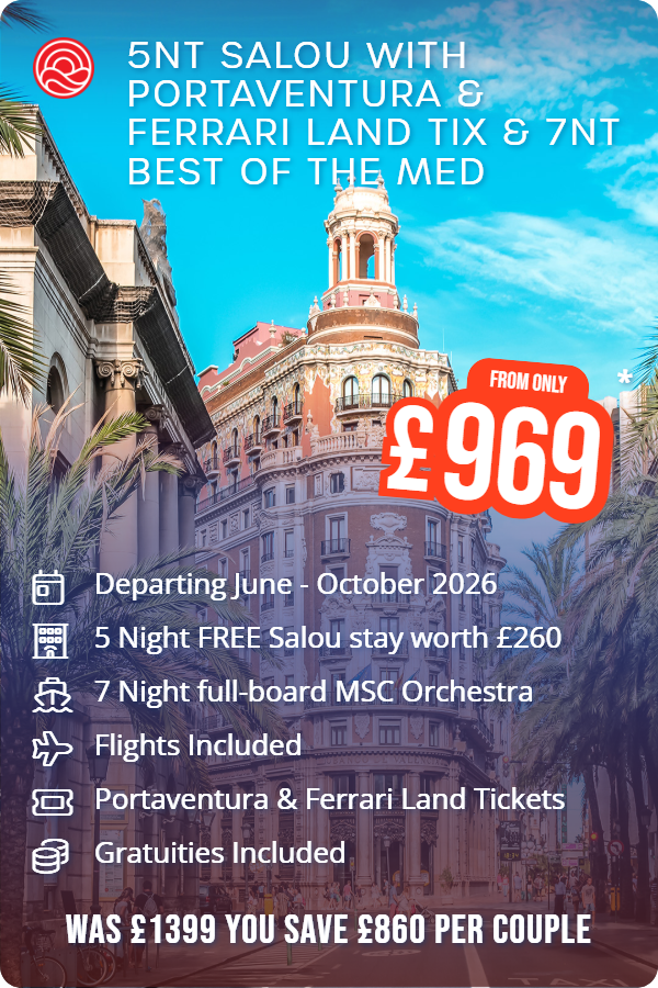 5nt Salou with PortAventura & Ferrari Land Tix & 7nt Best of the Med – Smart Holiday promotional image. From £969 Includes: Departing June - October 2026, 5 Night FREE Salou stay worth £260, 7 Night full-board MSC Orchestra, Flights Included, Portaventura & Ferrari Land Tickets, Gratuities Included. WAS £1399 YOU SAVE £860 PER COUPLE