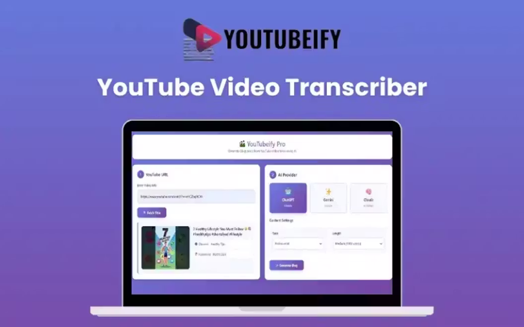 YouTubeify – YouTube Video Transcriber | Lifetime Access