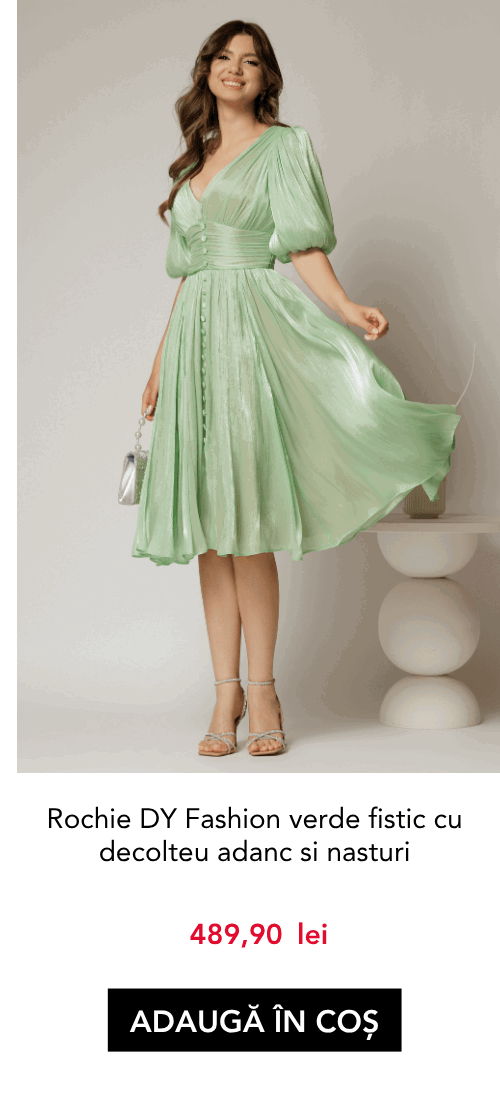 Rochie DY Fashion verde fistic cu decolteu adanc si nasturi din voal peliculizat