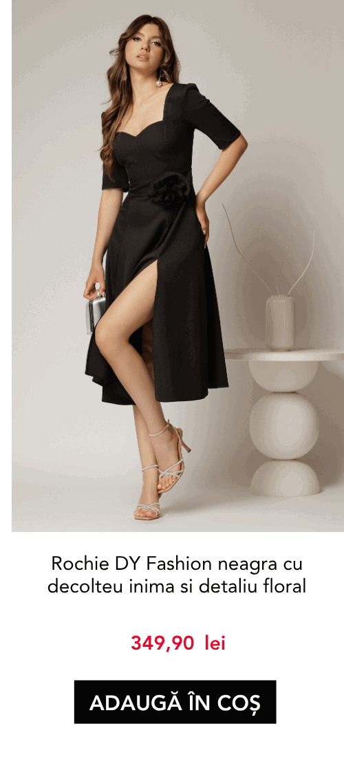 Rochie DY Fashion neagra cu decolteu inima si detaliu floral in talie