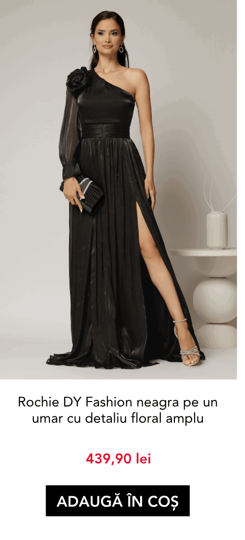 Rochie DY Fashion neagra pe un umar cu detaliu floral amplu din voal peliculizat