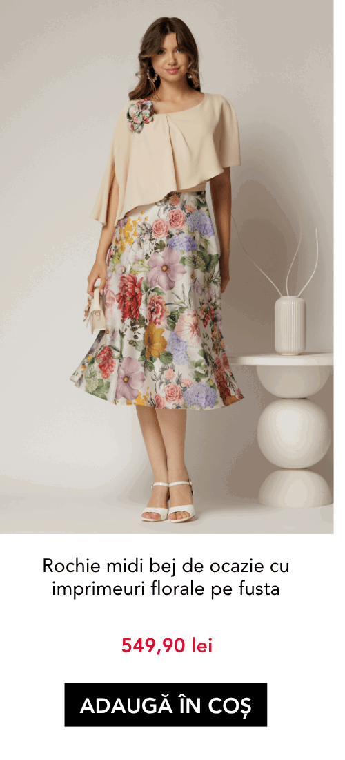 Rochie midi bej de ocazie cu imprimeuri florale pe fusta
