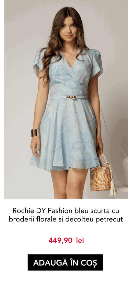 Rochie DY Fashion bleu scurta cu broderii florale si decolteu petrecut