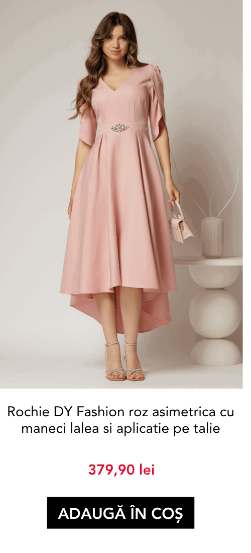 Rochie DY Fashion roz asimetrica cu maneci lalea si aplicatie pe talie