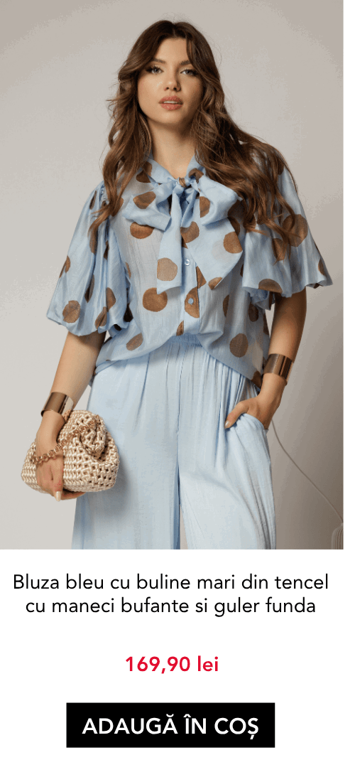Bluza bleu cu buline mari din tencel cu maneci bufante si guler funda