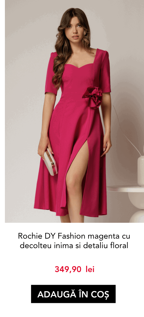 Rochie DY Fashion magenta cu decolteu inima si detaliu floral in talie