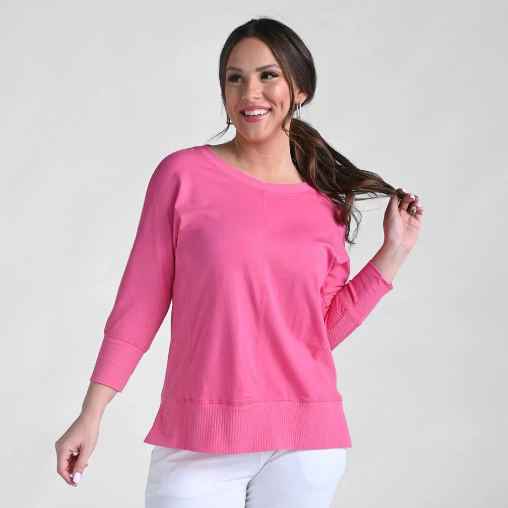 Image of Christopher & Banks Relaxed Restyled Ribbed Detail Dolman 3/4 Sleeve Top