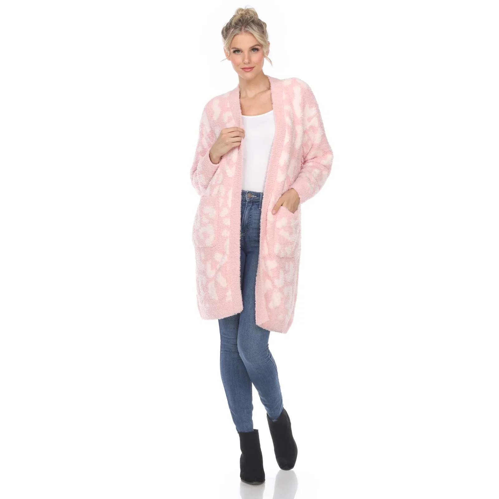 Image of White Mark Women's Leopard Print Open Front Sherpa Coat