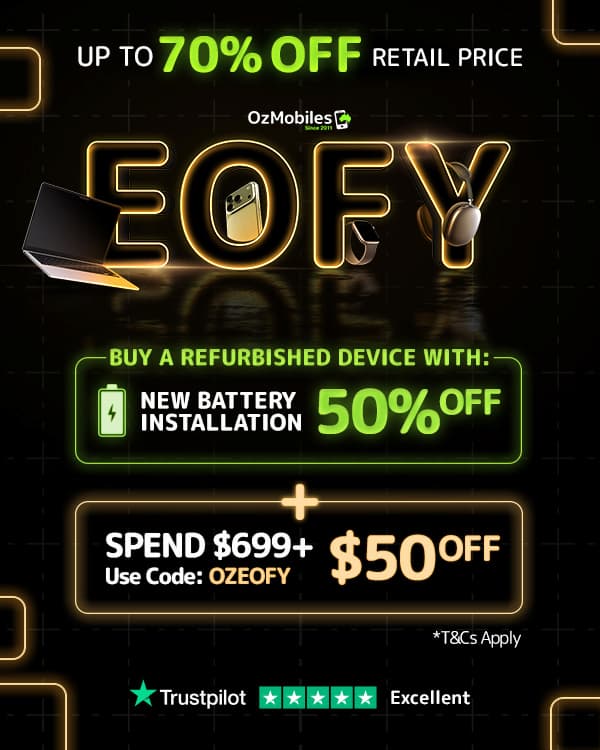 OzMobiles EOFY Sale. Up to 70% off retail on refurbished tech. $50 off $699+ with code OZEOFY, plus 50% off new battery installation.