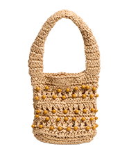 Small woven straw handbag with a rounded handle and decorative bead detailing.