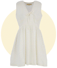 White sleeveless mini dress with a V‑neckline and tie detail at the front.