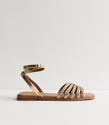Gold Plaited Strap Flat Sandals