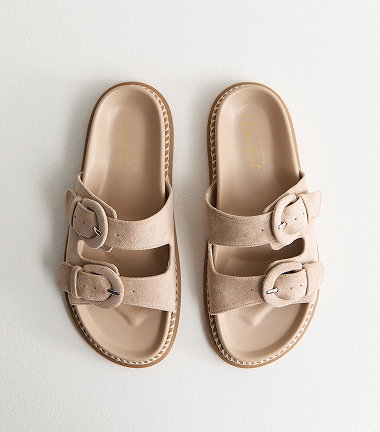 Light Brown Faux Suede Double Buckled Strap Sandals