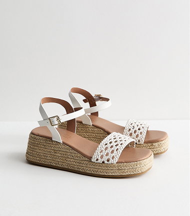 White Faux Leather Woven Strap Flatform Sandals
