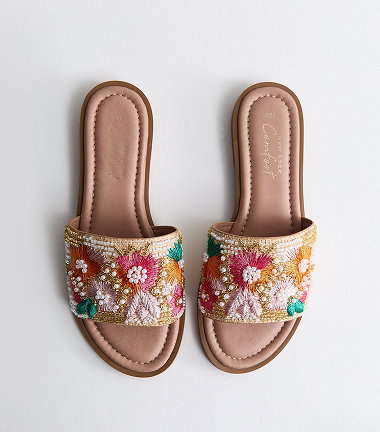 Multicolour Faux Leather Floral Embellished Strap Sandals