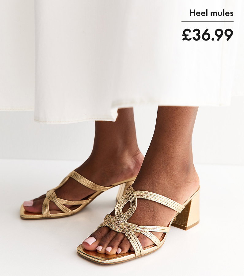 Gold Faux Leather Interwoven Block Heel Mules