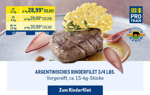 Argentinisches Rinderfilet 3/4 lbs. (vorgereift, ca. 1,5-kg-Stücke) ab 28,99* je kg