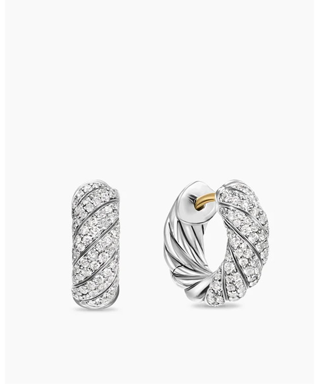 Sculpted Cable Hoop Earrings Sterling Silver with Diamonds, 14.4mm