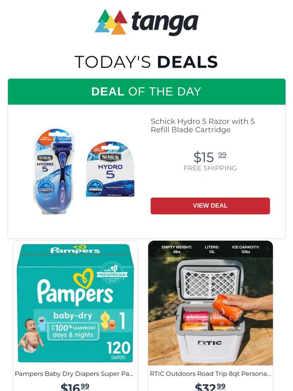 Schick Hydro 5 Razor with 5 Refill Blade Cartridge | Pampers Baby Dry Diapers Super Pack - Size 1 - 120ct | RTIC Outdoors Road Trip 8qt Personal Hard Sided Cooler - White