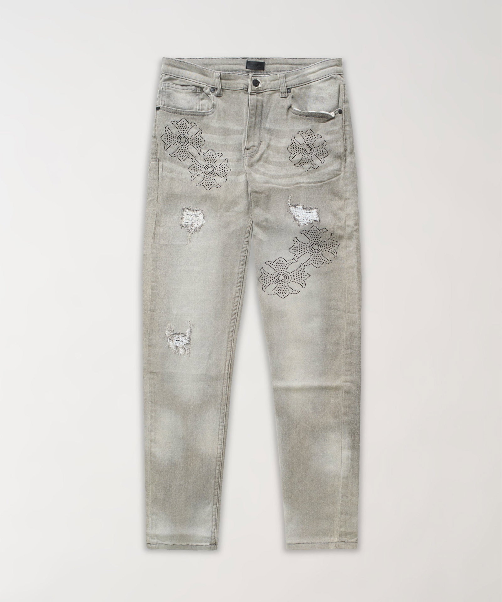 Rhinestone Cross Washed Denim Jeans - Grey - BLACK / 30