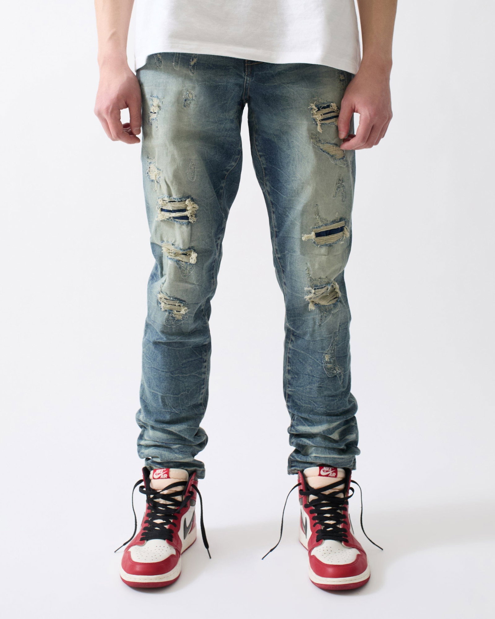 Ripped And Repaired Denim Pants - Blue - BLUE / 30