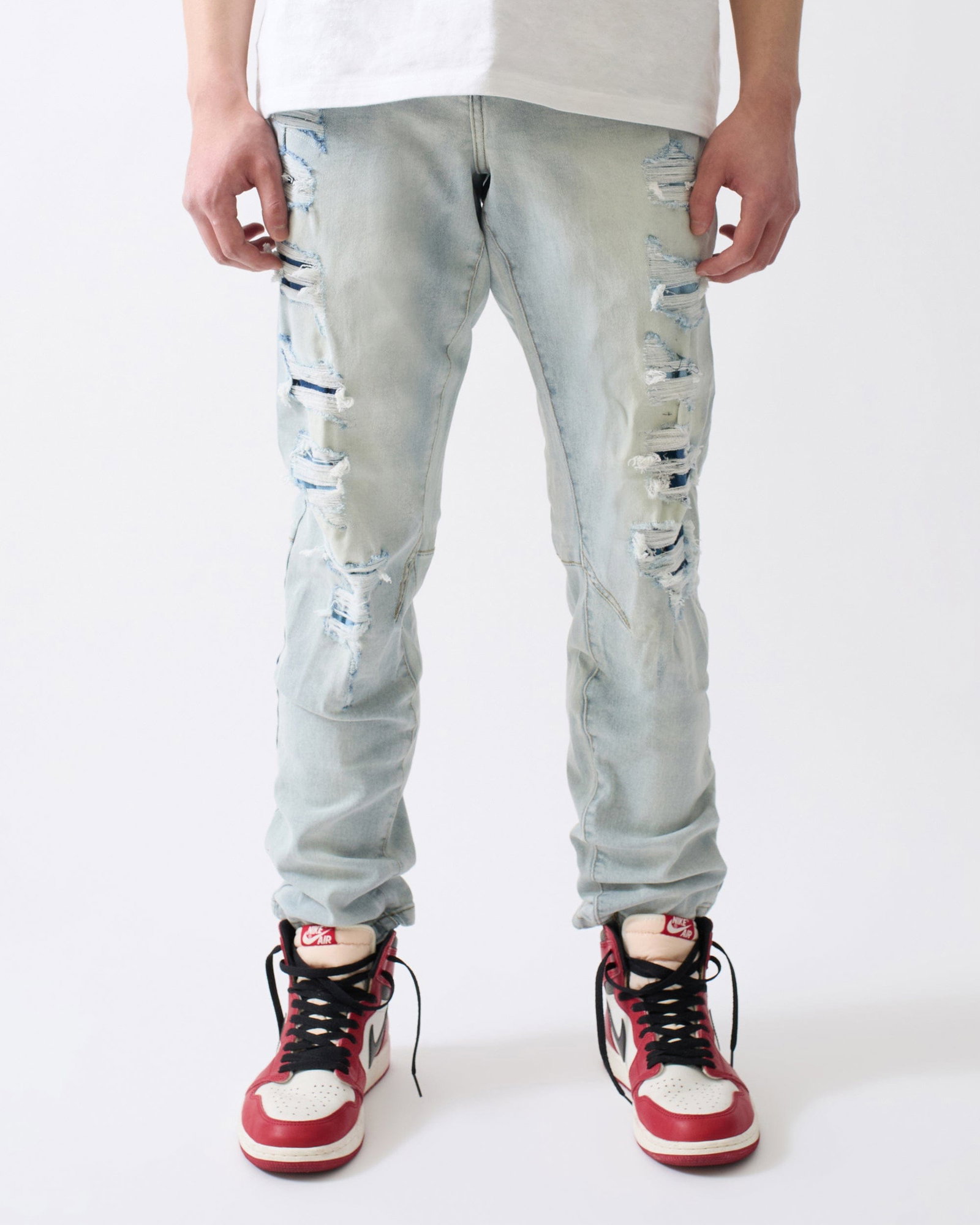 Ripped And Repaired Denim Jeans - Light Blue - LIGHT BLUE / 30