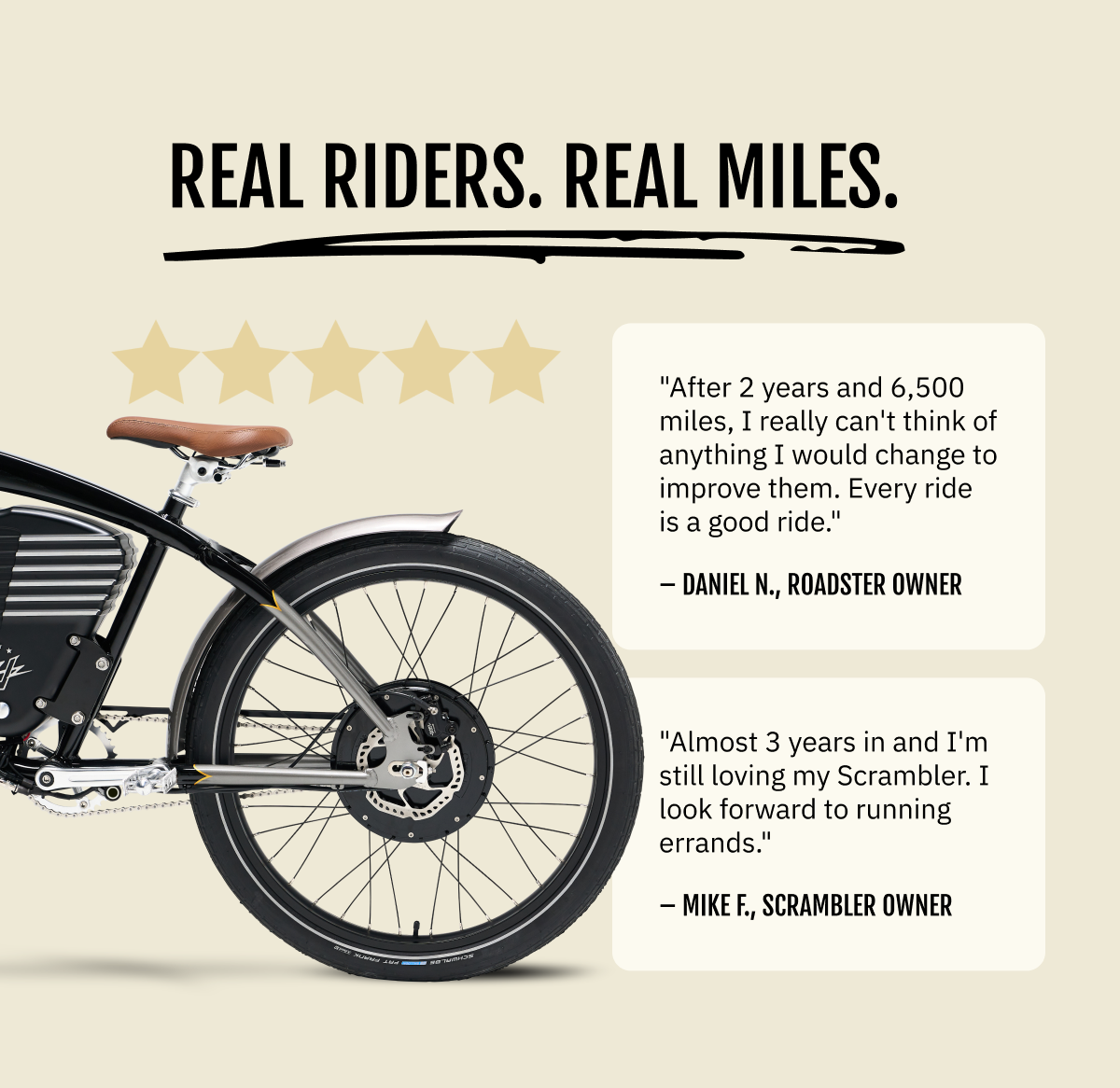 REAL RIDERS. REAL MILES. "After 2 years and 6,500 miles, I really can't think of anything I would change to improve them. Every ride is a good ride." — Daniel N., Roadster owner  "Almost 3 years in and I'm still loving my Scrambler. I look forward to running errands." — Mike F., Scrambler owner