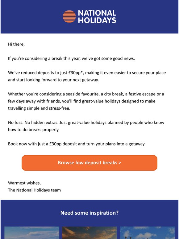 Book your first holiday for just £30pp