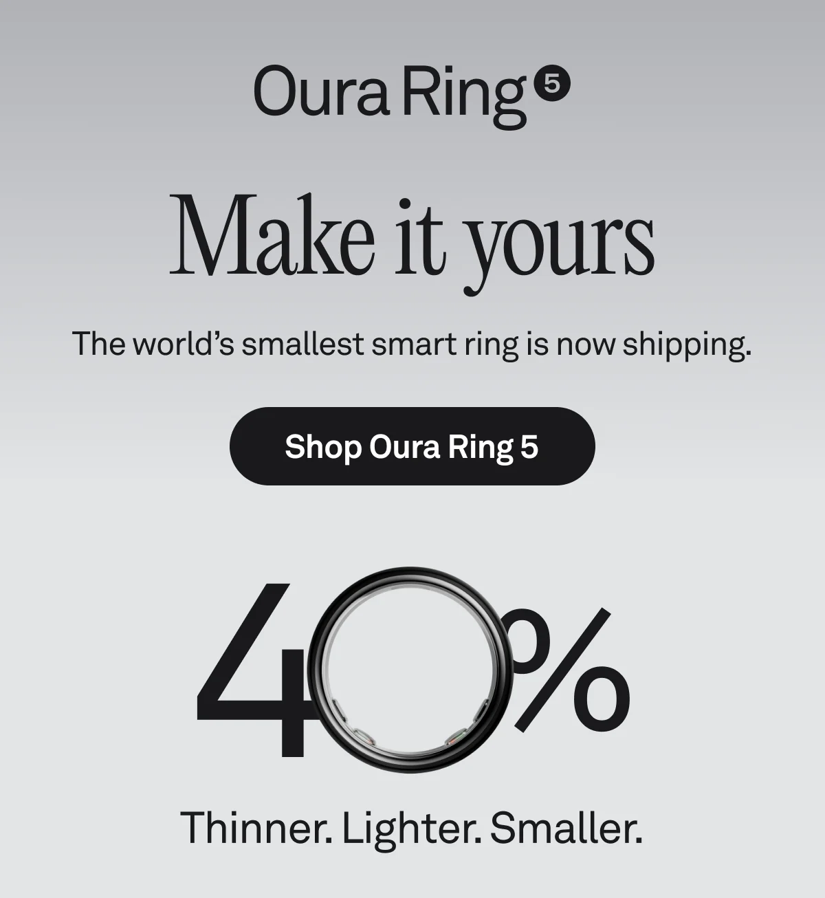 Oura Ring 5. Make it yours. The world's smallest smart ring is now shipping.