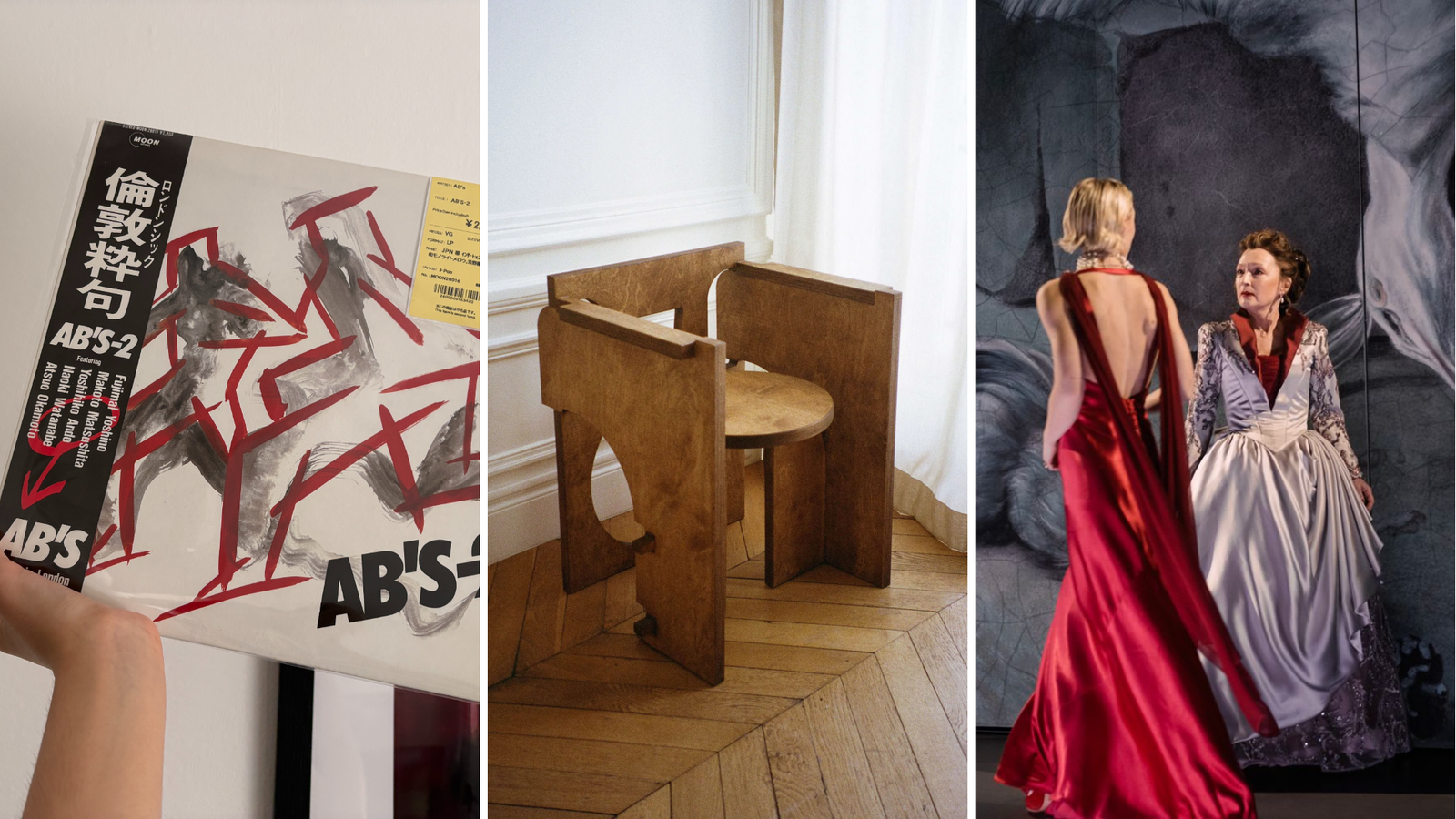 Collage of a record sleeve, a chair, and a stage show