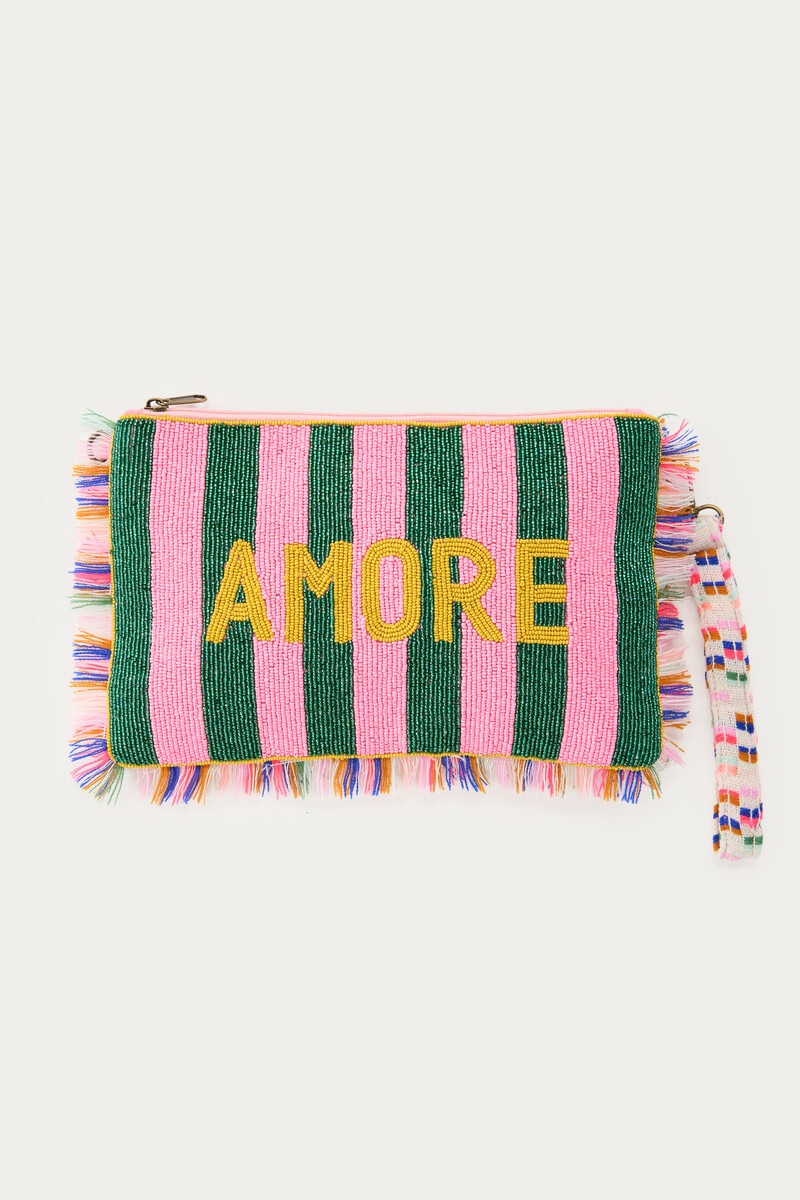 Roze kralen clutch met groene strepen 