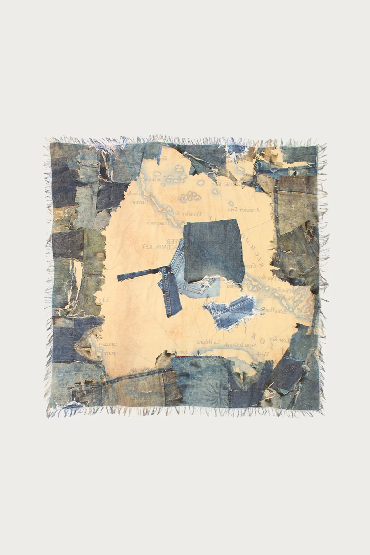 Image of Rayon Fringed Square Stole (KAYO HUESO Denim Map) - Blue