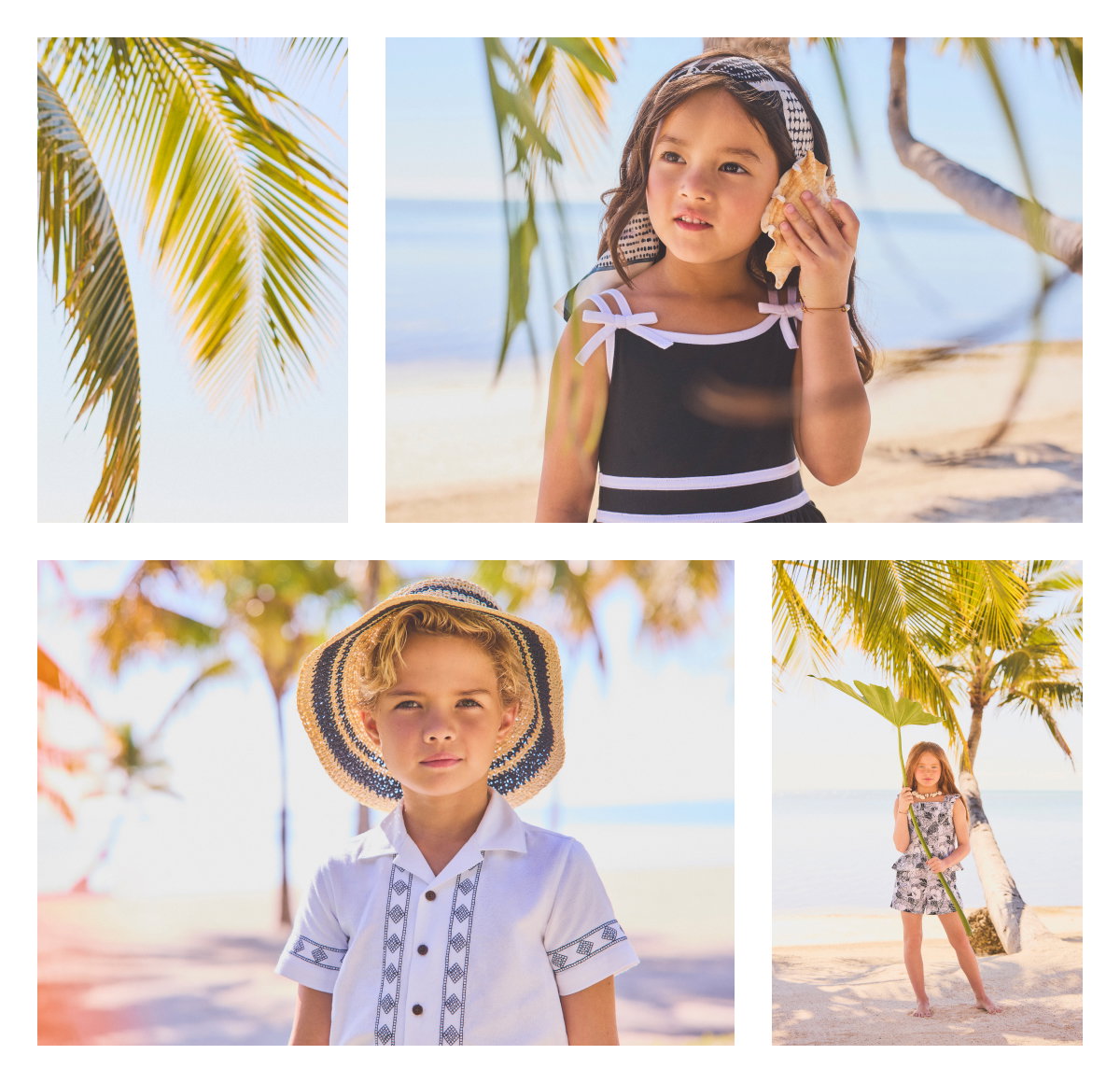 Four photos showing children in tropical beach setting with palm trees - girl holding seashell, boy in embroidered shirt and hat, girl in floral dress