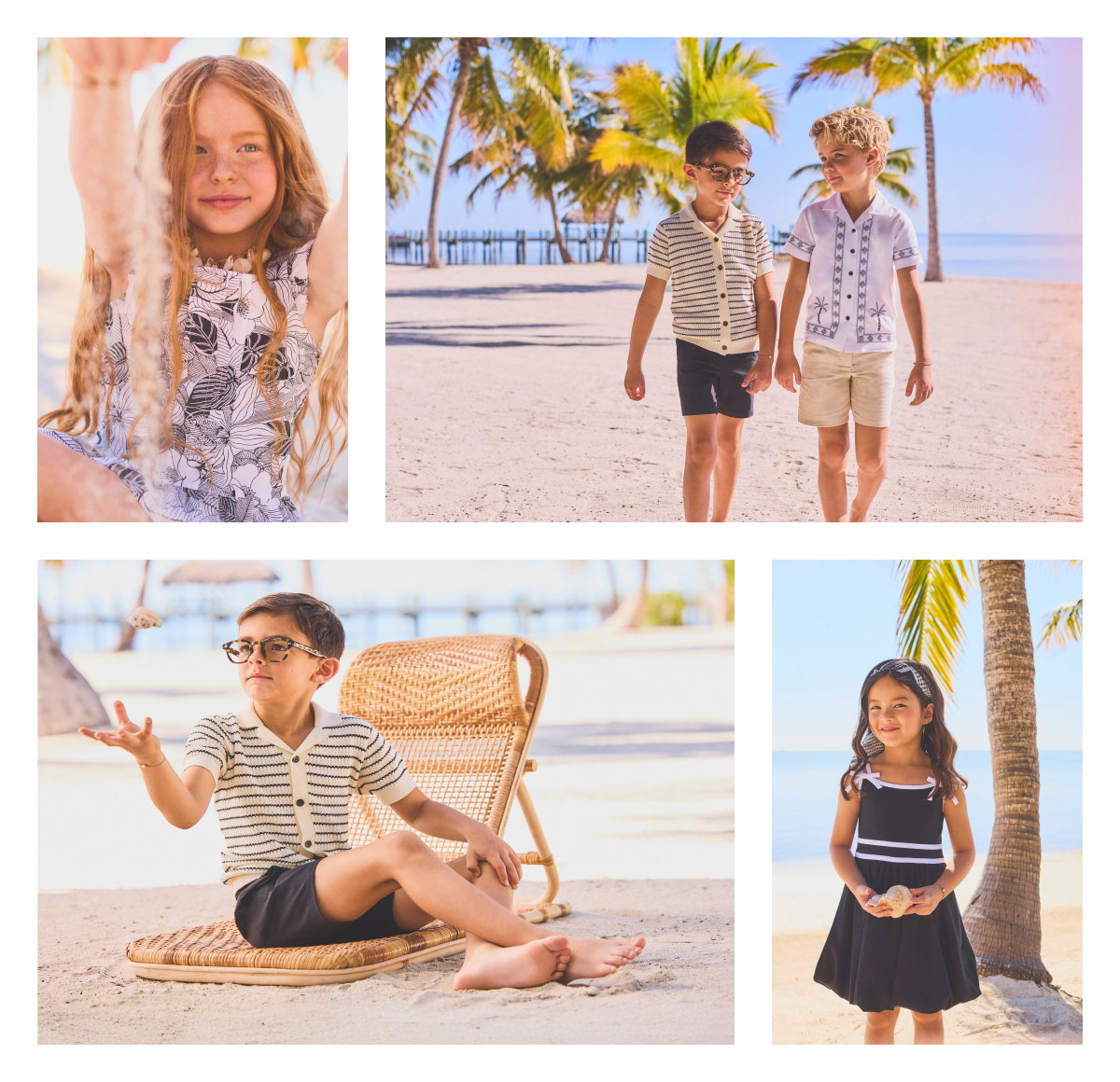 Four children in summer beach clothing - tropical vacation outfits with palm trees and sandy beach setting