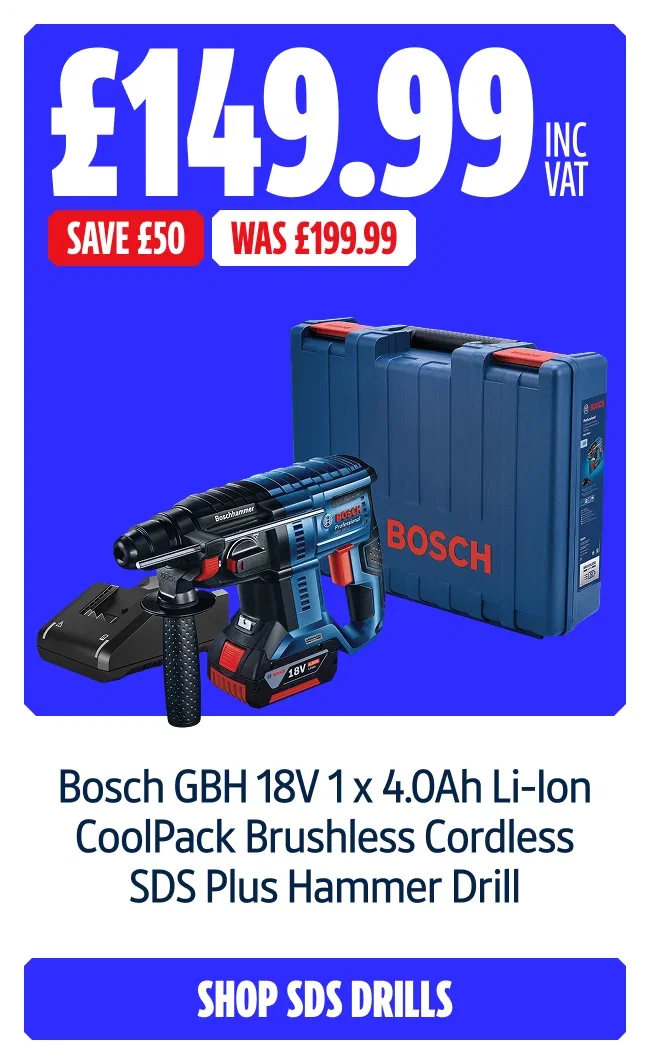Save £50 on Bosch GBH 18V-21 2.4kg 18V 1 x 4.0Ah Li-Ion CoolPack Brushless Cordless SDS Plus Hammer Drill. Now £149.99 INC VAT Was £199.99. Shop sds drills