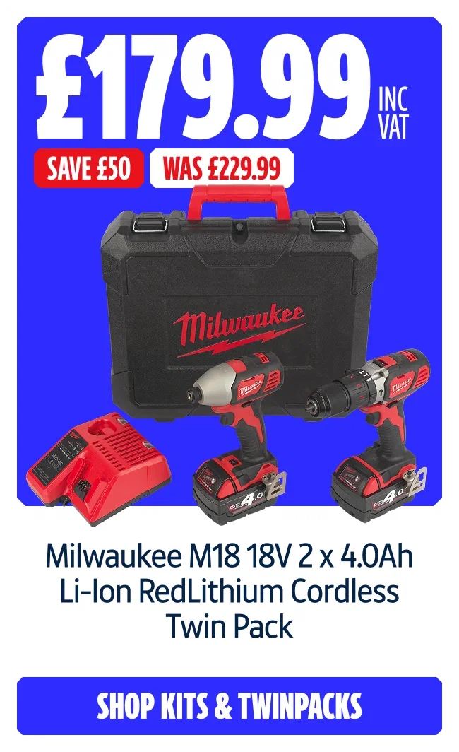 Save £50 on Milwaukee M18 BPP2Q-402C 18V 2 x 4.0Ah Li-Ion RedLithium Cordless Twin Pack. Now £179.99 INC VAT Was £229.99. SHop kits and twinpacks