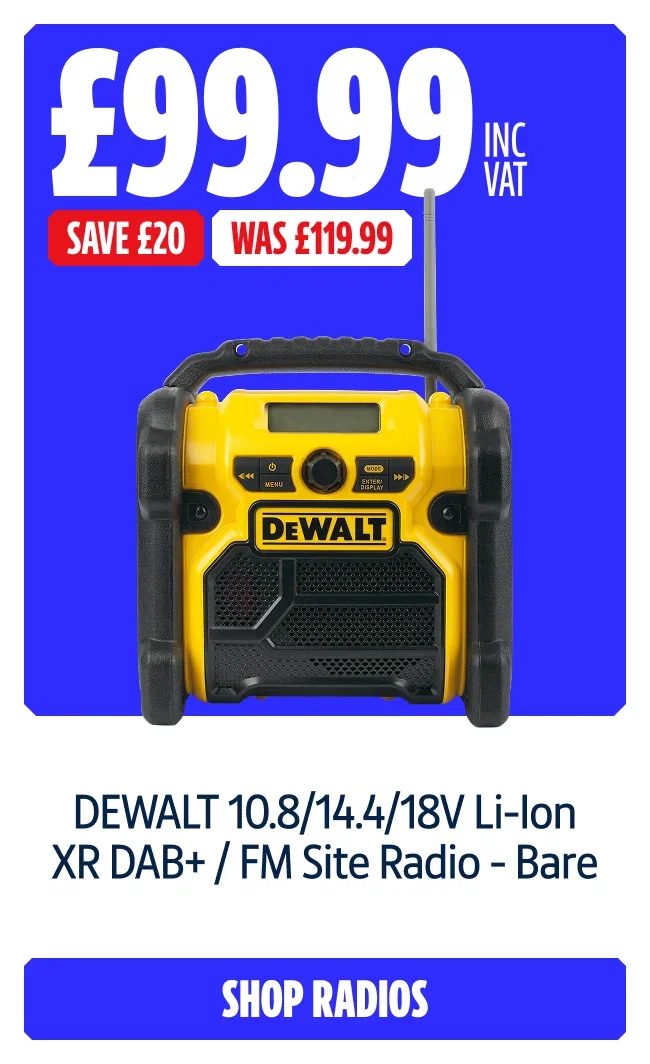 Save £20 on DEWALT DCR021 10.8/14.4/18V Li-Ion XR DAB+ / FM Site Radio - Bare. Now £99.99 INC VAT Was £119.99. Shop radios