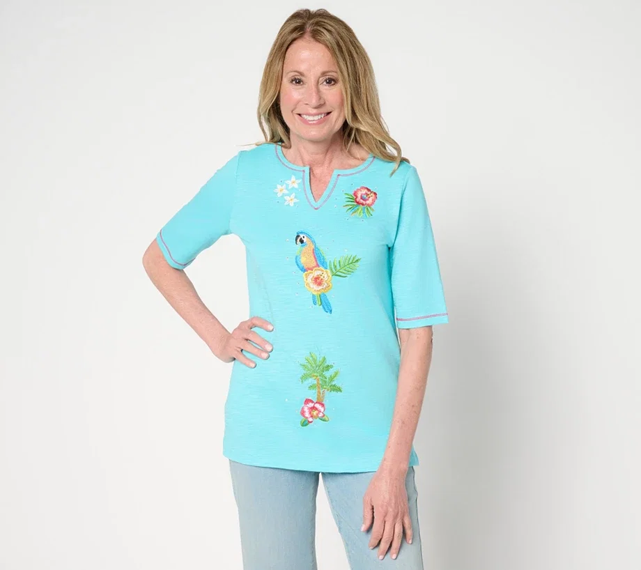 Quacker Factory Hibiscus Holiday Split Neck Elbow Sleeve Top