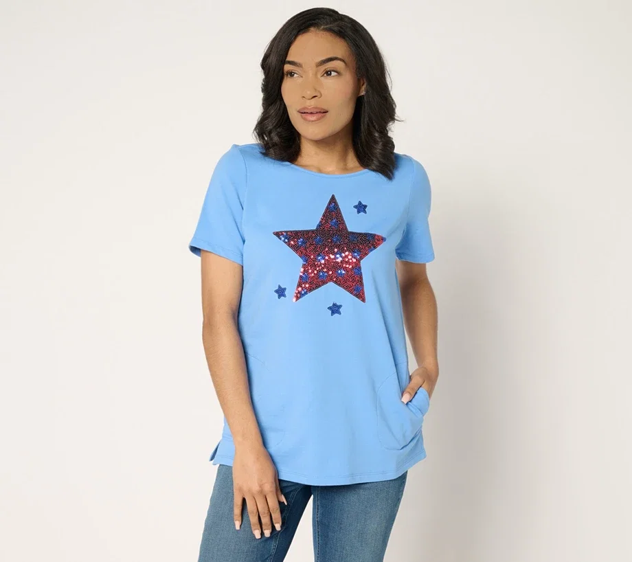 Quacker Factory Star Spangled Short Sleeve French Terry Top