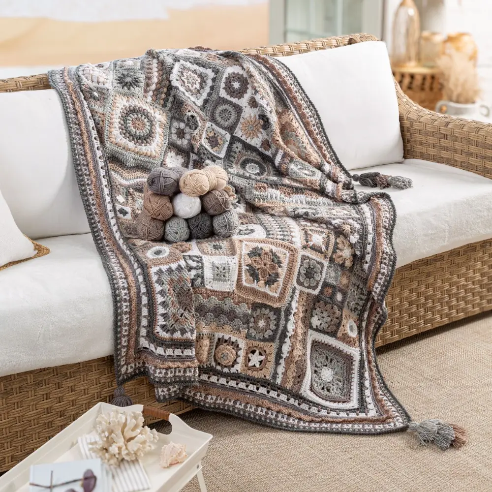 Granny Square Crochet Afghan Kit Sand & Stone with Video