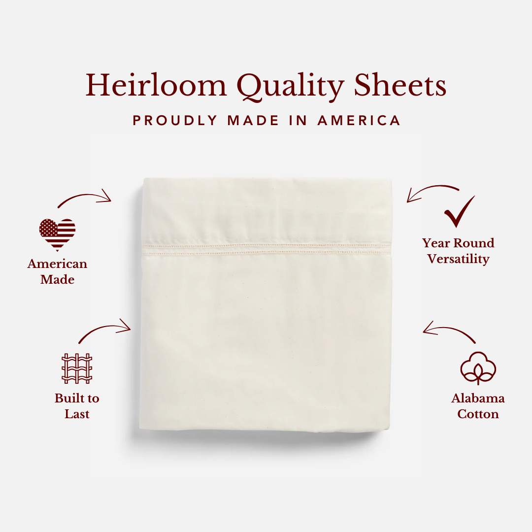 A neatly folded cream sheet with text and icons highlighting its features: American made, built to last, year-round versatility, and Alabama cotton.