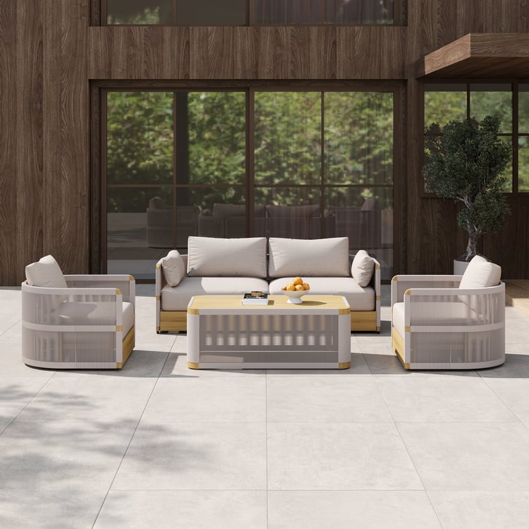 4-Piece Outdoor Rope Weave Swivel Sofa Set with Coffee Table in Ivory for 4